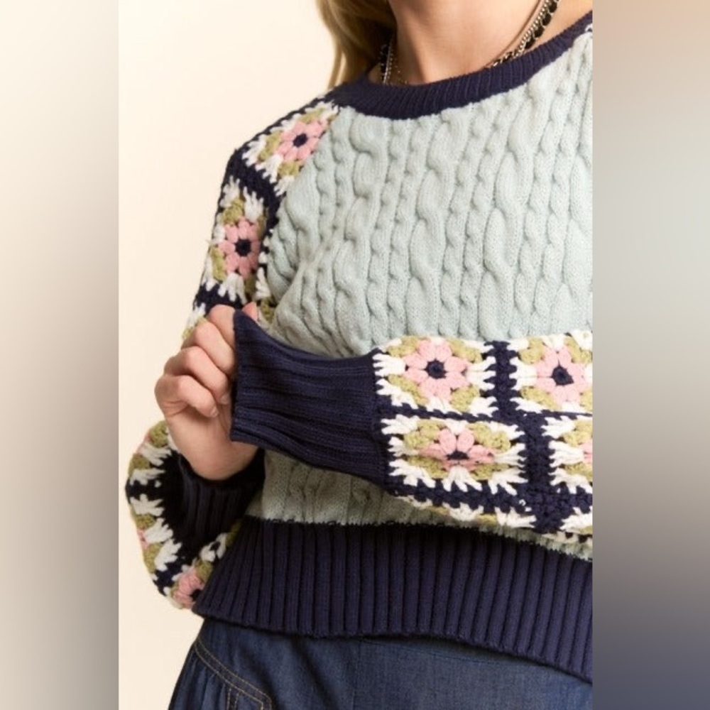Crochet Sleeve Granny Square Cable Knit Sweater - Davi & Dani - Picture 3 of 5